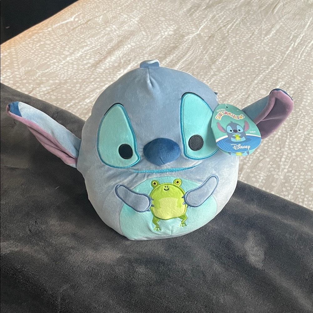 Squishmallows Disney Stitch Plush with green frog - Light Blue and Green NWT.
